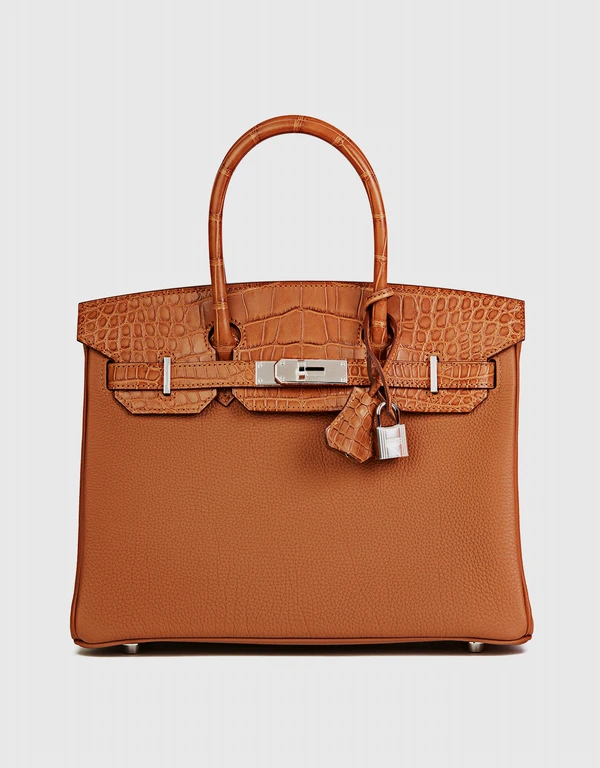 Hermès Hermès Birkin 30 Togo Leather Crocodile Handle Handbag-Gold Silver Hardware