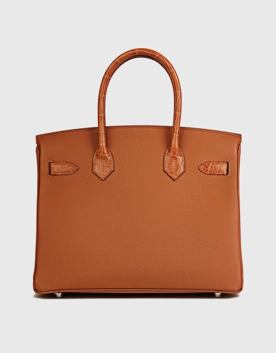 Hermès Birkin 30 Togo Leather Crocodile Handle Handbag-Gold Silver Hardware