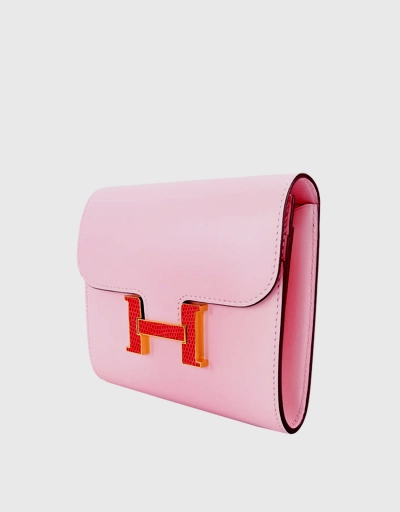 Hermès Constance Compact Tadelakt Leather Wallet-Rose Pink Purple Lezard Lisse 