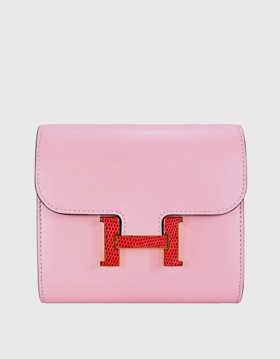 Hermès Constance Compact Tadelakt Leather Wallet-Rose Pink Purple Lezard Lisse 