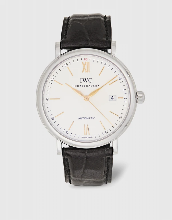 IWC SCHAFFHAUSEN 柏濤菲諾 40mm 精鋼短吻鱷皮革藍寶石玻璃錶鏡自動腕錶