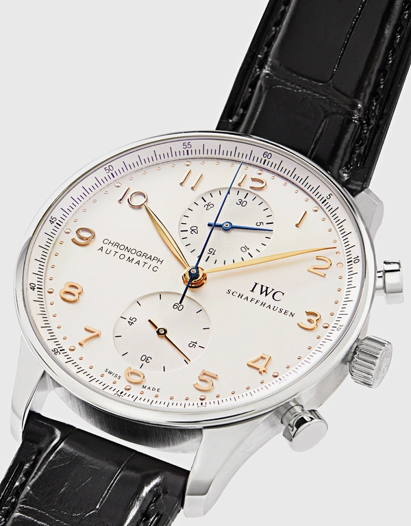 IWC SCHAFFHAUSEN 葡萄牙系列 41mm 精鋼短吻鱷皮革藍寶石玻璃錶鏡計時腕錶