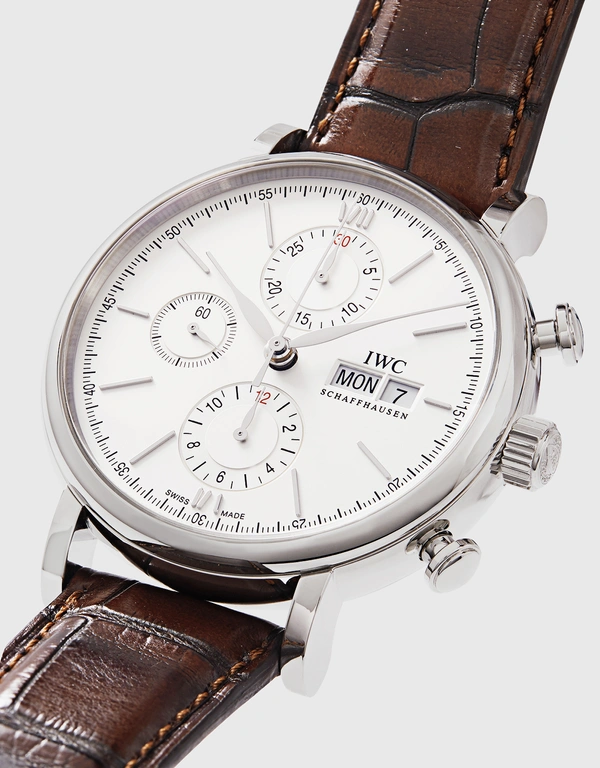 IWC SCHAFFHAUSEN 柏濤菲諾 42mm 精鋼短吻鱷皮革藍寶石玻璃錶鏡計時腕錶