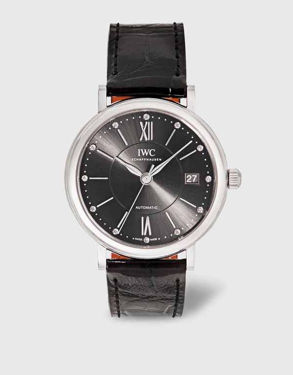 IWC SCHAFFHAUSEN 柏濤菲諾 37mm 精鋼短吻鱷皮革藍寶石玻璃錶鏡自動腕錶
