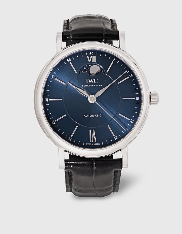 IWC SCHAFFHAUSEN 柏濤菲諾 40mm 精鋼短吻鱷皮革藍寶石玻璃錶鏡月相自動腕錶