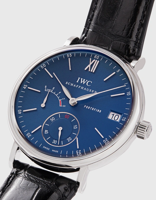IWC SCHAFFHAUSEN 柏濤菲諾 45mm 精鋼短吻鱷皮革藍寶石玻璃錶鏡手動上鏈八日動力儲備腕錶