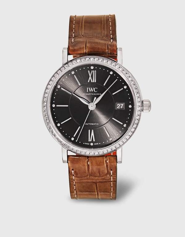 IWC SCHAFFHAUSEN 柏濤菲諾 37mm 精鋼短吻鱷皮革藍寶石玻璃錶鏡自動腕錶