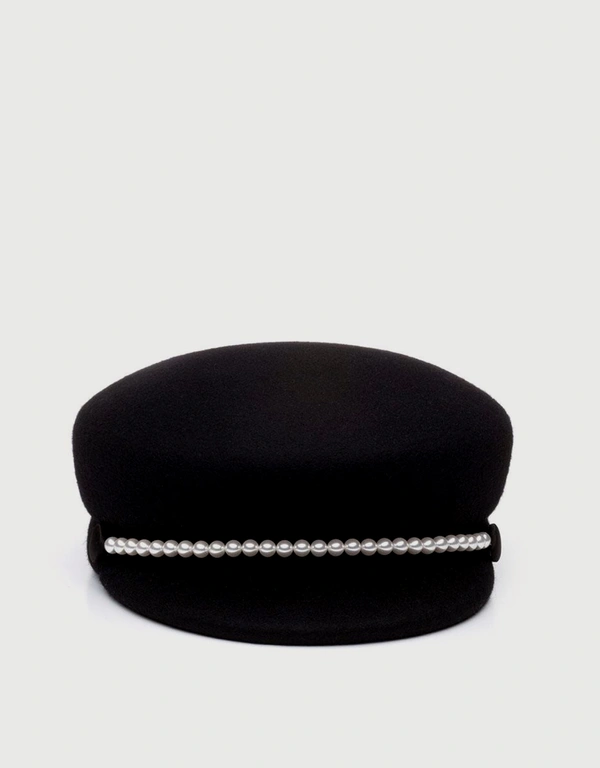 Sabrina Swarovski Pearl Band Wool Felt Cap-Black