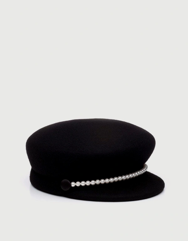 Sabrina Swarovski Pearl Band Wool Felt Cap-Black