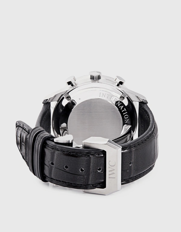IWC SCHAFFHAUSEN 葡萄牙系列 41mm 精鋼短吻鱷皮革藍寶石玻璃錶鏡計時腕錶