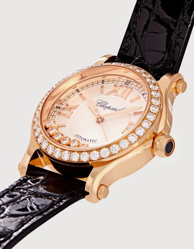 Happy Sport 30mm Automatic 18kt Rose Gold Diamond Alligator Leather Watch