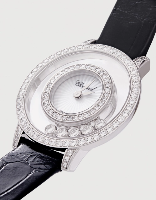 Happy Diamonds  25.8mm Quartz 18kt White Gold Diamond Alligator Leather Watch