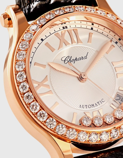 Happy Sport 36mm Automatic Rose Gold Diamonds Alligator Leather Watch