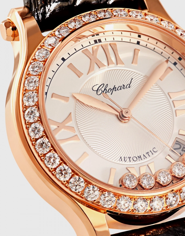 Chopard Happy Sport 36mm Automatic Rose Gold Diamonds Alligator Leather Watch