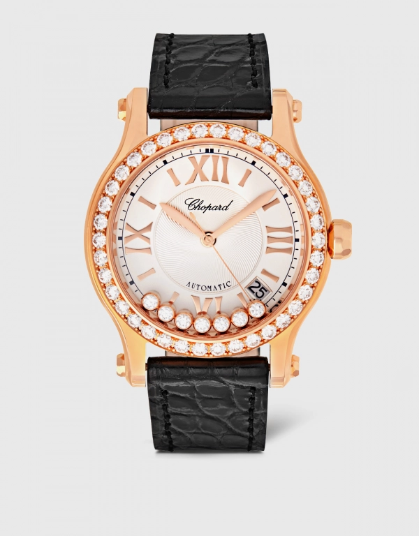 Chopard Happy Sport 36mm Automatic Rose Gold Diamonds Alligator Leather Watch