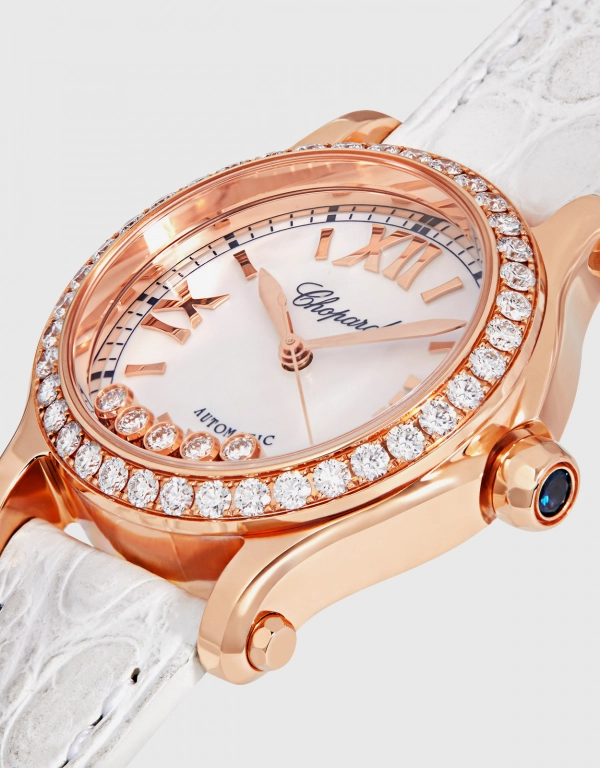 Chopard Happy Sport 30mm Automatic Rose Gold Diamonds Alligator Leather Watch
