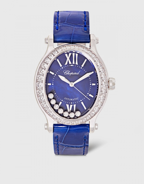 Chopard Happy Sport 29x31mm Automatic 18k White Gold Diamonds Alligator Leather Watch