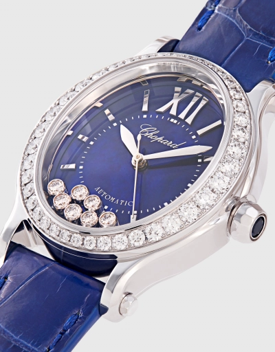 Happy Sport 29x31mm Automatic 18k White Gold Diamonds Alligator Leather Watch