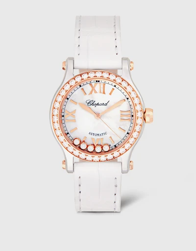 Happy Sport  30mm  18ct Automatic Stainless Steel Rose Gold Diamonds Alligator Leather Watch