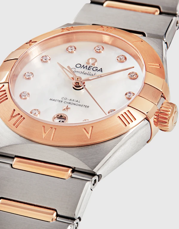 Omega 星座系列 29mm 同軸擒縱大師天文台鑽石Sedna™金不鏽鋼腕錶