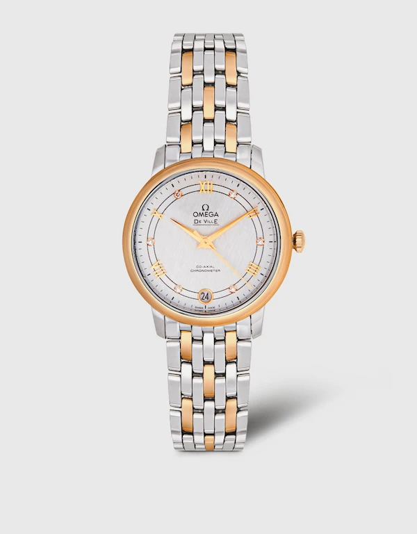 Omega De Ville Prestige 32.7mm Co-Axial Chronometer Diamonds Red Gold Steel Watch