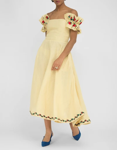 Alanya Linen Off-the-Shoulder Embroidered Midi Dress-Light Yellow