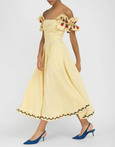 Alanya Linen Off-the-Shoulder Embroidered Midi Dress-Light Yellow