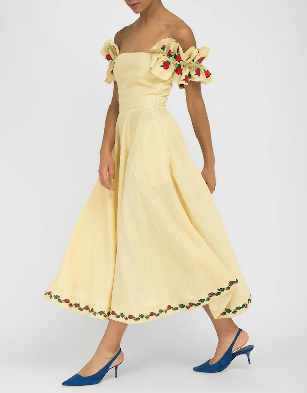 Fanm Mon Alanya Linen Off-the-Shoulder Embroidered Midi Dress-Light Yellow