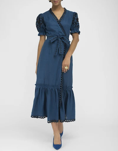 Cide Linen V-Neck Embroidered Midi Dress-Indigo Blue