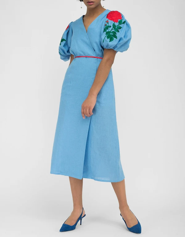 Fanm Mon Kalkan Linen Floral Embroidered Wrap Midi Dress-Lagoon Blue