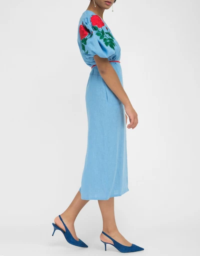 Kalkan 亞麻花卉刺繡圍裹式中長洋裝-Lagoon Blue