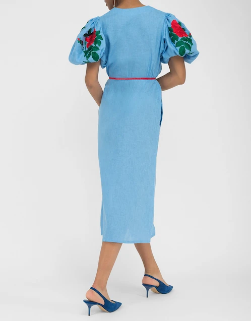 Kalkan Linen Floral Embroidered Wrap Midi Dress-Lagoon Blue