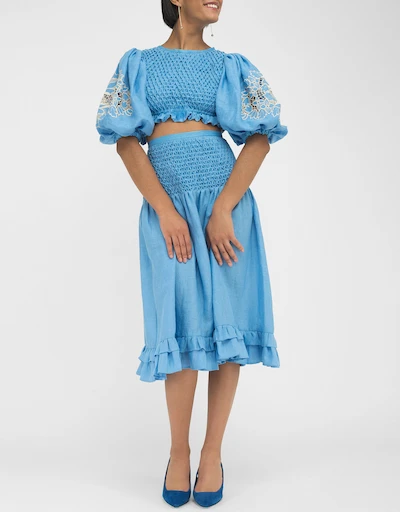 Kash Linen 2 Piece Top Skirt Set Dress-Lagoon Blue