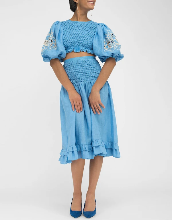 Fanm Mon Kash Linen 2 Piece Top Skirt Set Dress-Lagoon Blue