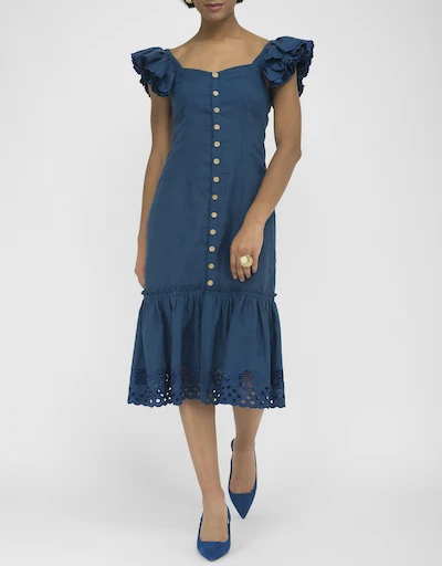 Patara Linen Button Front Embroidered Midi Dress-Indigo Blue
