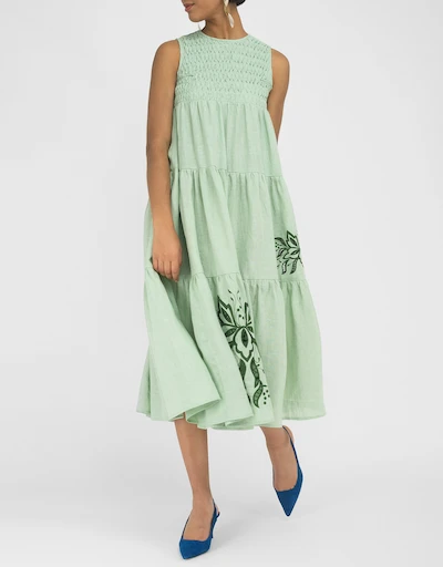 Simena Linen Embroidered Midi Dress-Mint Green
