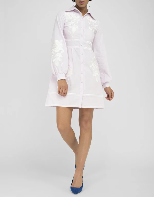 Fanm Mon Soma 亞麻領口白色刺繡迷你襯衫式洋裝-Light Pink