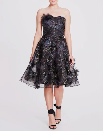 Strapless Foiled Printed Organza Cocktail Dress