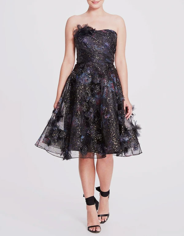 Marchesa Notte Strapless Foiled Printed Organza Cocktail Dress