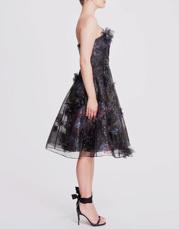 Marchesa Notte Strapless Foiled Printed Organza Cocktail Dress