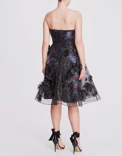 Strapless Foiled Printed Organza Cocktail Dress