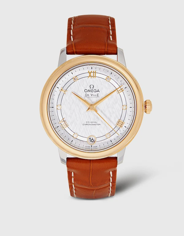 Omega De Ville Prestige 32.7mm Co-Axial Chronometer Diamonds Yellow Gold Leather Strap Watch