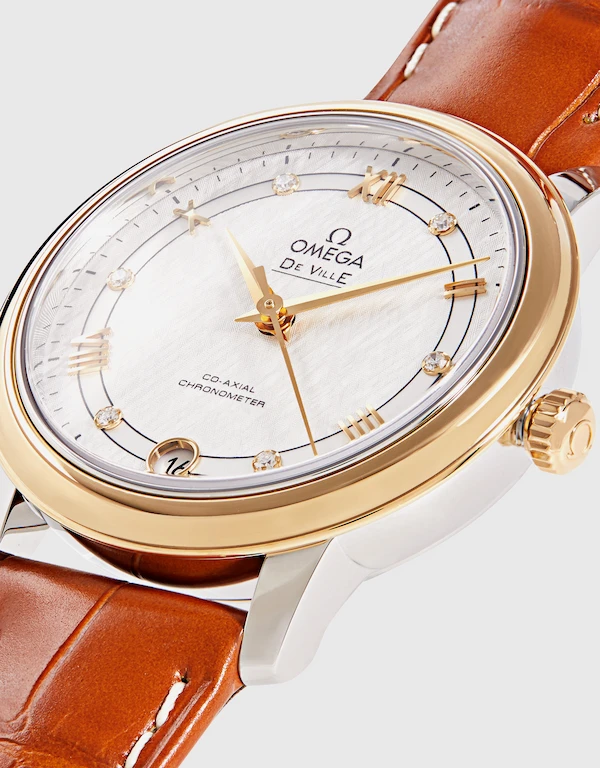 Omega De Ville Prestige 32.7mm Co-Axial Chronometer Diamonds Yellow Gold Leather Strap Watch