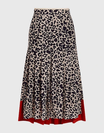 Leopard Animal-print Asymmetric Silk Knee Length Pleated Skirt