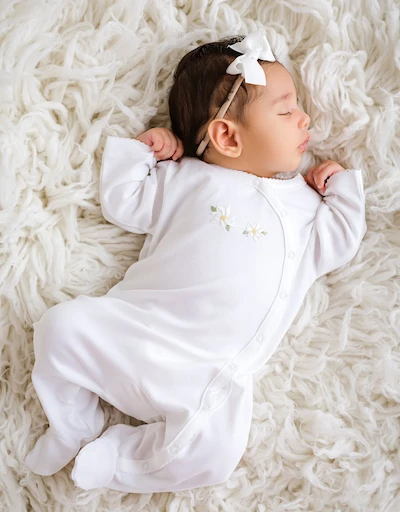 嬰兒玉蘭圖樣長袖包腳連身褲-White  0-12月