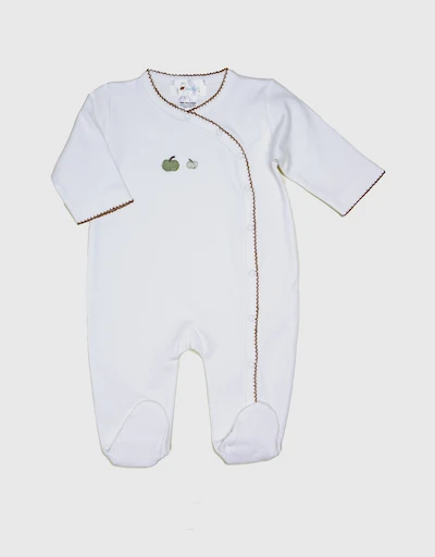 Baby Pumpkin Long Footie-White with Brown Trim 0-12M