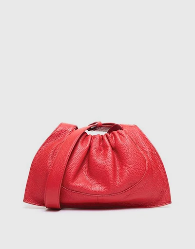 Ana Pebble Leather Ruched Flat Tote Crossbody Bag-Red