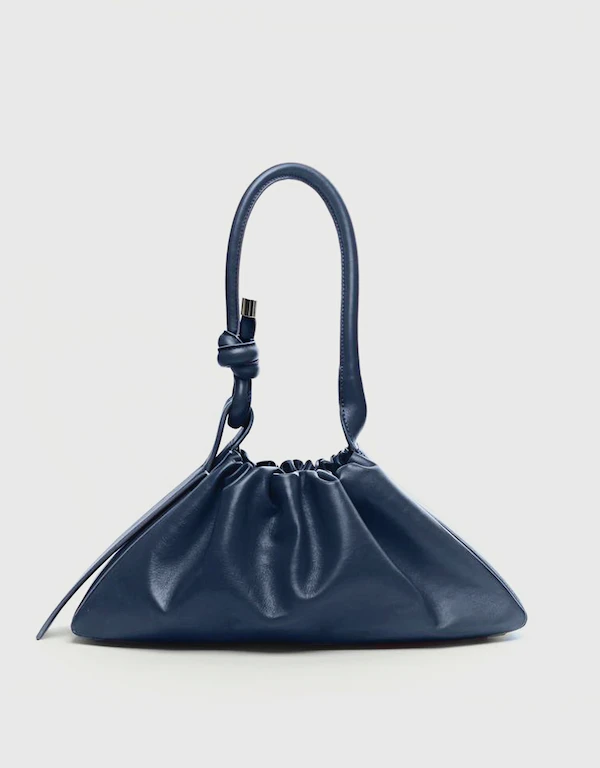 Behno Tina Nappa Leather Ruched Baguette Bag-Navy