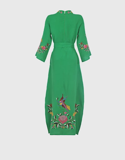 Asia Linen Floral Embroidery Maxi Dress-Kelly Green