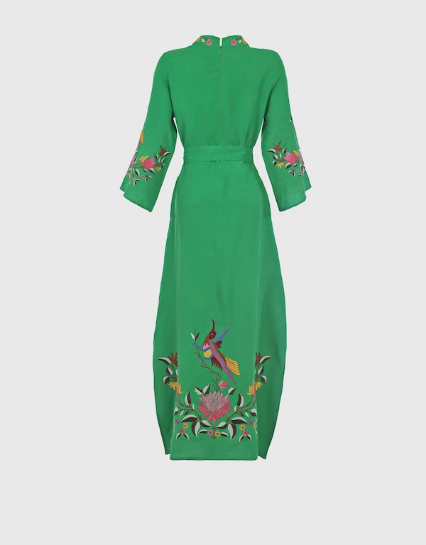 Fanm Mon Asia Linen Floral Embroidery Maxi Dress-Kelly Green